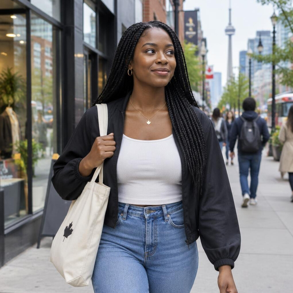 Woman walking down a lively Canadian city street