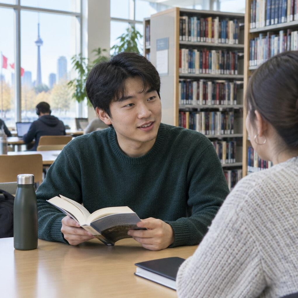 Person reading and discussing a book at a public library
