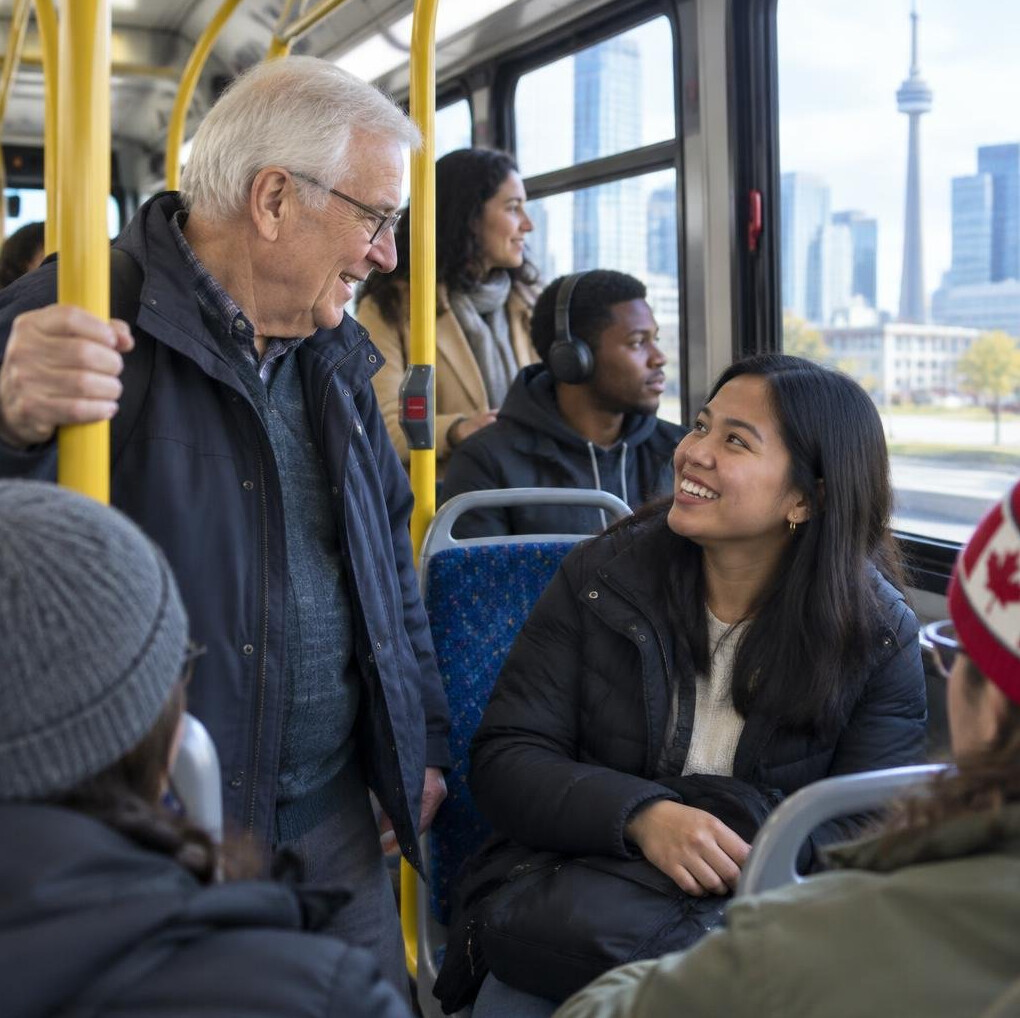 Commuters talking on a city bus in Canada