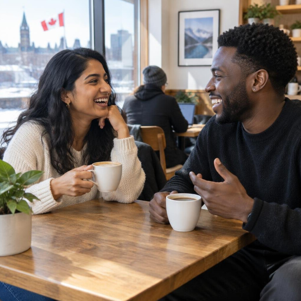 Two people chatting over coffee in a Canadian cafe
