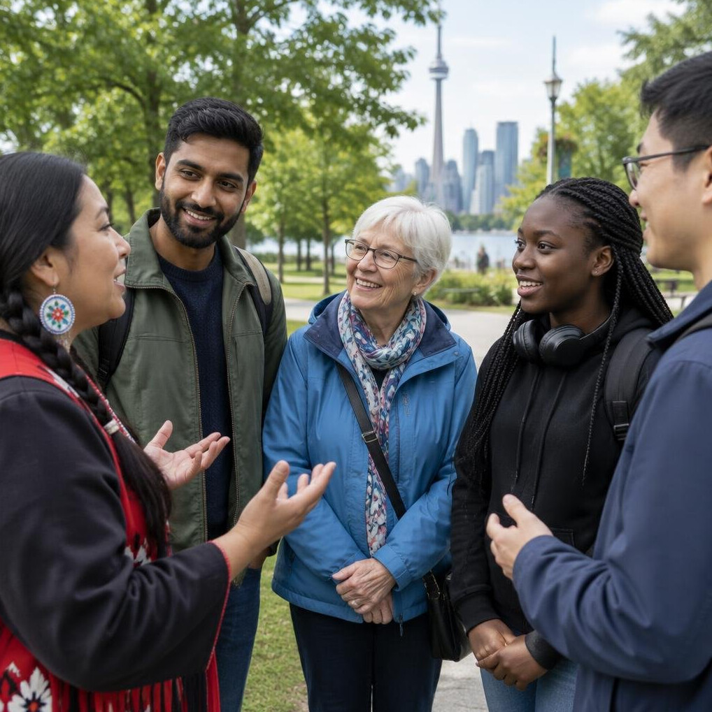 Diverse group of people talking together outdoors in Canada