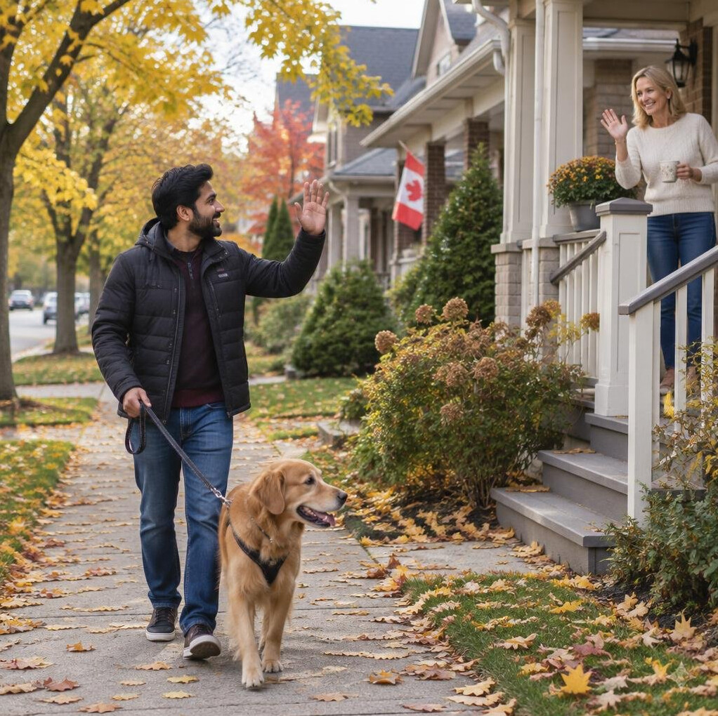 Person walking and greeting a neighbor on a Canadian street